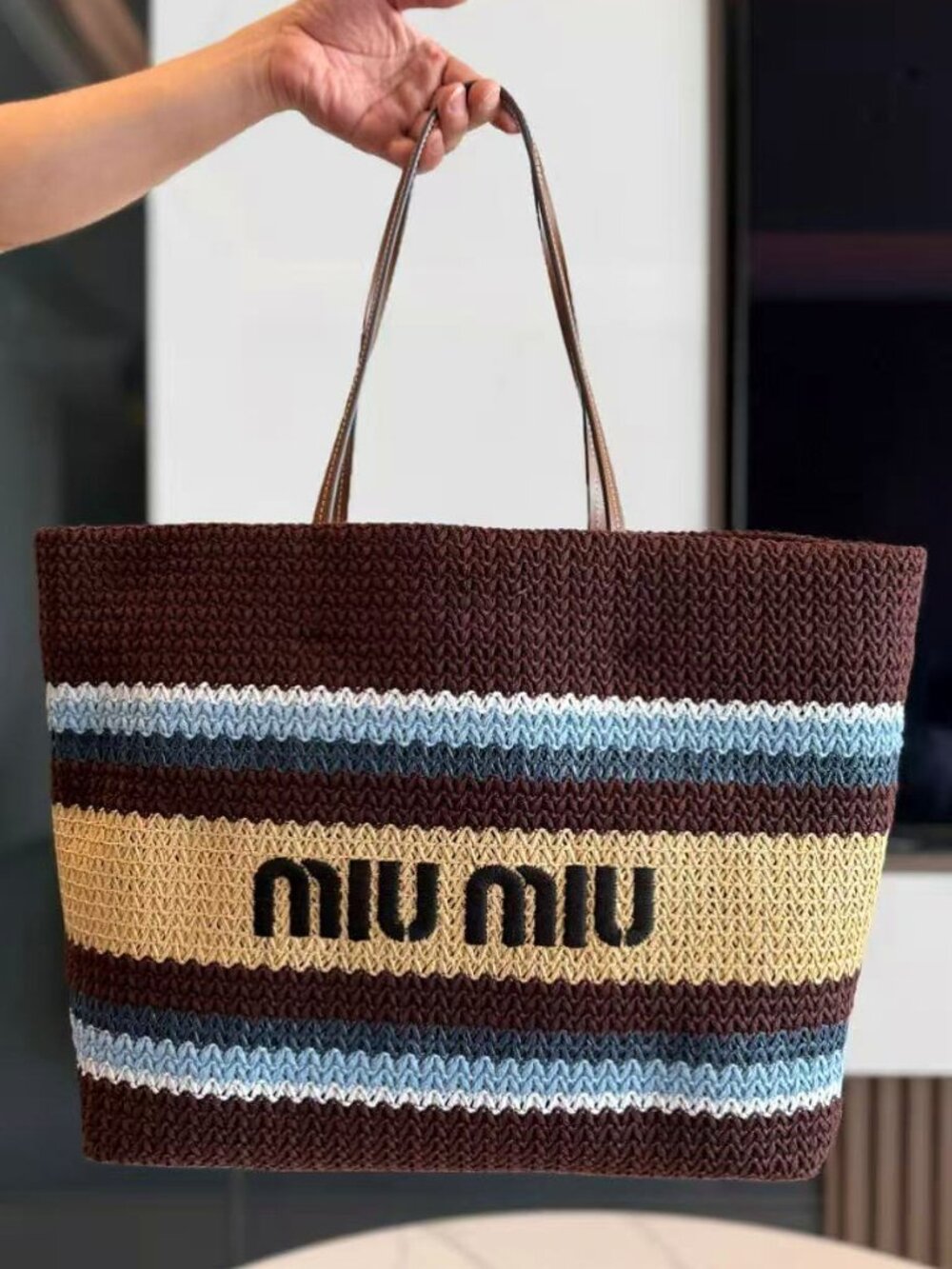 Miu Miu Uniform Earth Tone Striped Hand Knit Letter Detail Tote